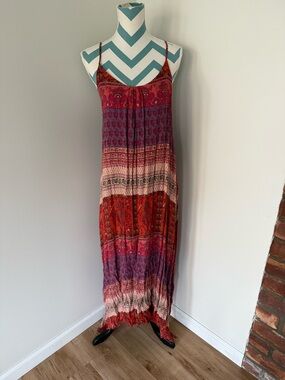 Ecote Red and Purple Bohemian Tiered Maxi Dress